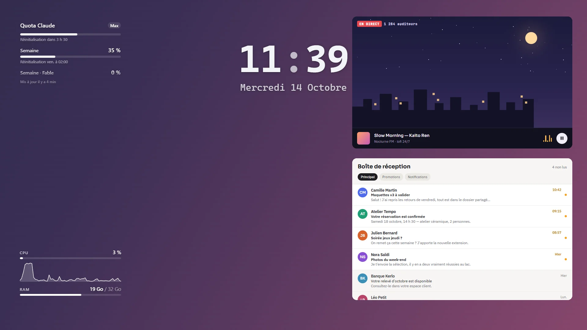 Bureau Windows animé par Backscape : fond dégradé rose et ambre, widget de quota Claude en haut à gauche, grande horloge au centre, graphes CPU et mémoire en bas à gauche, et à droite une radio lofi en direct et une boîte mail affichées comme des sites web sur le fond d'écran